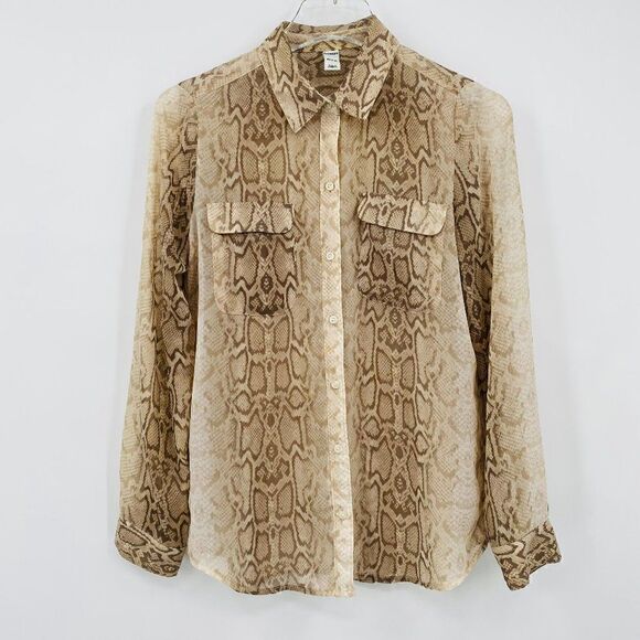 Old Navy Size XS Tan Long Sleeve Snake Animal Print Sheer Button Down Blouse Top - Picture 1 of 7